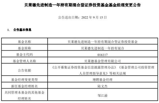 贝莱德先进制造一年持有混合增聘基金经理陆文杰(2026/05/07)